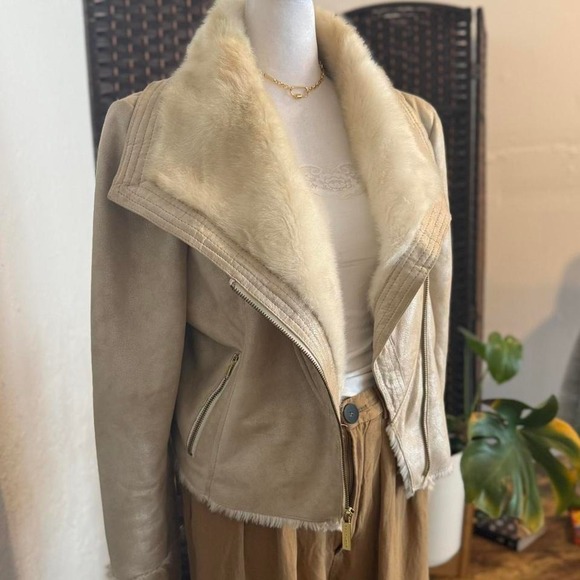 Sean John Cream and Tan Jacket Faux Fur Collar Size Large Women's Western Flair - Picture 3 of 8